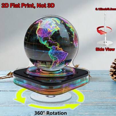 2D平面旋转磁悬浮地球仪 - 全息浮世 - 亚克力桌面摆件，带磁悬浮功能，旋转底座，适合家居/办公室装饰，收藏礼品，可放置于冰箱/桌面（无需电源，2D平面）