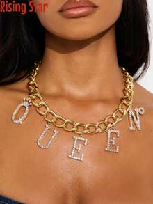 1pc Retro Exaggerated Thick Chain Letter Pendant Necklace, Fully Studded With Rhinestones, "QUEEN" Letter Choker Necklace, Party & Street Style Cuban Chain Jewelry - QUEEN Necklace - View 7