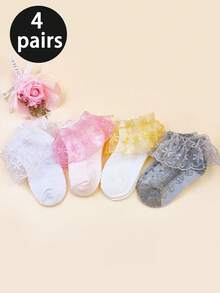 4双女婴优雅透气短袜，韩版蕾丝花边甜美公主袜，适合日常穿着 - 彩色 - 查看 12