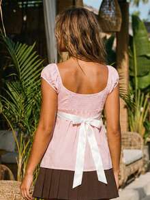 Women Fairy Grunge Y2k Babydoll Shirt Cap Sleeve Polka Dot Tie Back Flowy Crop Top Summer Aesthetic Square Neck Ruched Shirt Preppy Clothes - 粉色 - 查看 2