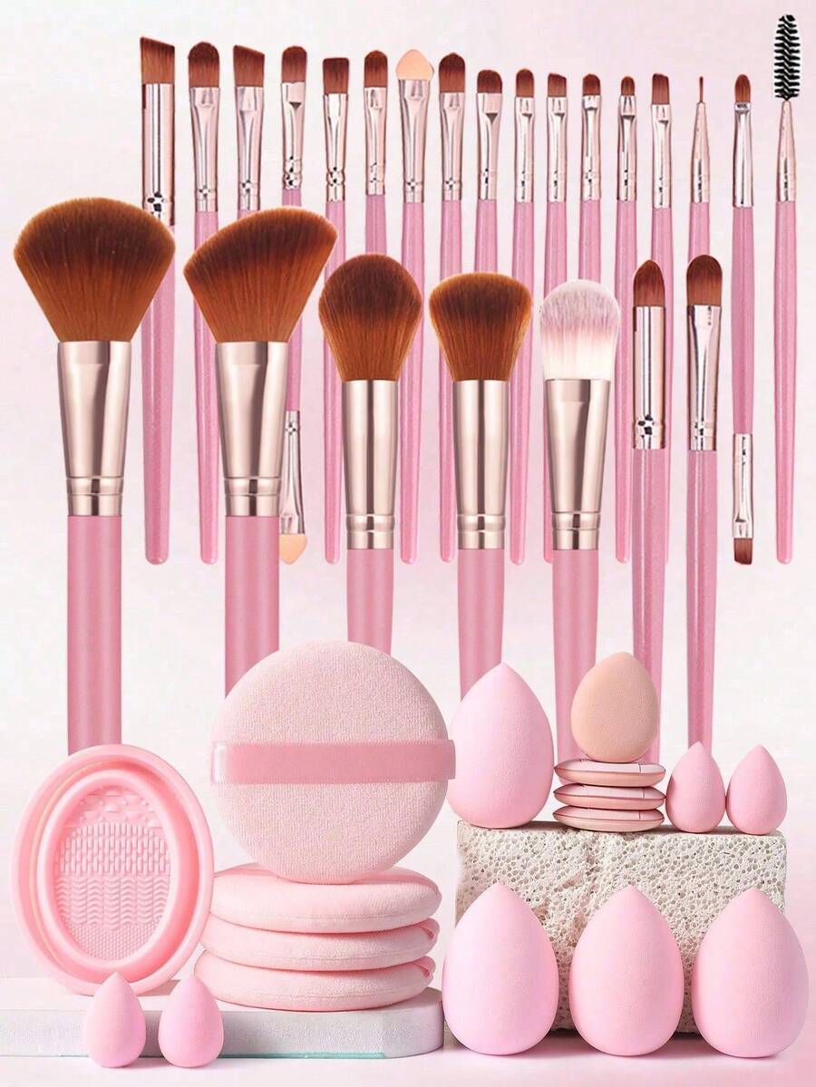 41件套化妆工具套装，包含：24支化妆刷套装+1个化妆刷清洁工具+4个圆形粉扑+4个化妆海绵+4个迷你气垫粉扑+4个迷你化妆海绵，一应俱全，新手友好 | 方便旅行携带，送礼佳品 | 新手/女性的完美之选 - 彩色 - 查看 1