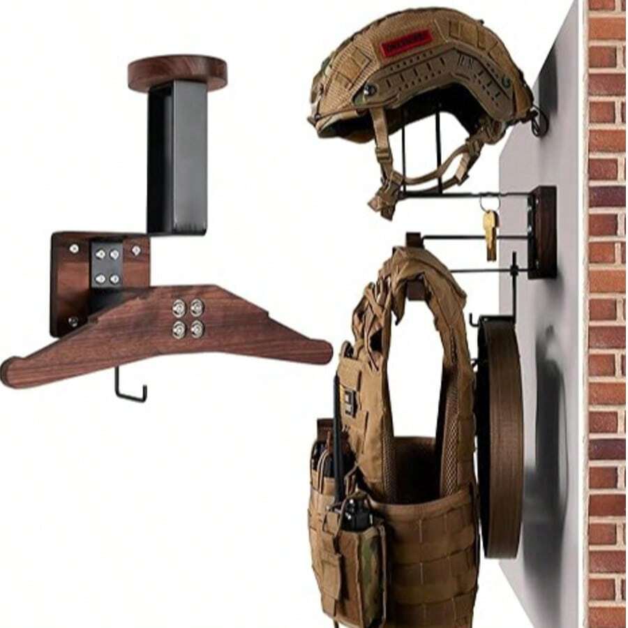 Wall-Mounted Motorcycle Helmet Rack And Tactical Gear Rack, With Helmet Holder And Clothing Rack; Wall-Mounted Storage And Display Rack For Football, Skiing And Bicycle Equipment - Black Walnut - View 1