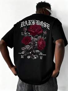 Men's Fashion Versatile Rose Slogan Print Breathable Crew Neck Short Sleeve T-Shirt, Summer - Black - View 1