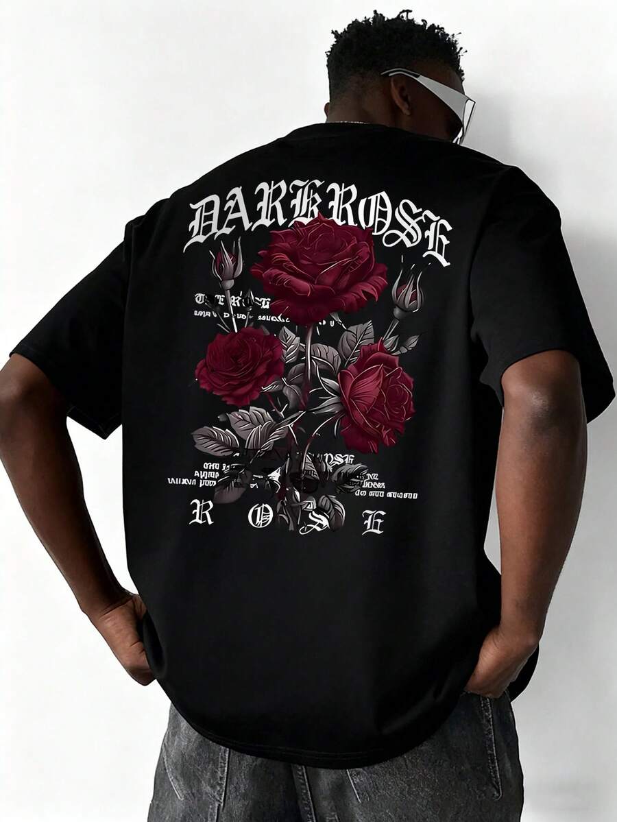 Men's Fashion Versatile Rose Slogan Print Breathable Crew Neck Short Sleeve T-Shirt, Summer - Black - View 1