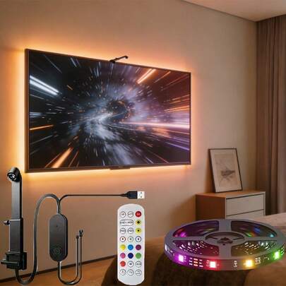 Striscia luminosa RGB per retroilluminazione TV con telecomando a infrarossi a 24 tasti, dimmerazione e regolazione del colore, adatta per illuminazione ambiente di soggiorno, camera da letto e sala giochi, facile da installare.