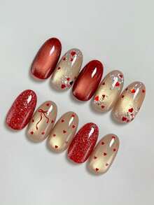 10pcs Pure Handmade Press On Nails Medium Nails Almond Nails Red Nails Romantic Sweet Style Red With Champagne Gold Cat Eye Glitter Bow Heart Sequin Embellished Minimalist Gentle Press-On Nailsfor Women And Girl,Spring Summer Fall Winter Festivals Party And Daily Life Use - Red - View 2