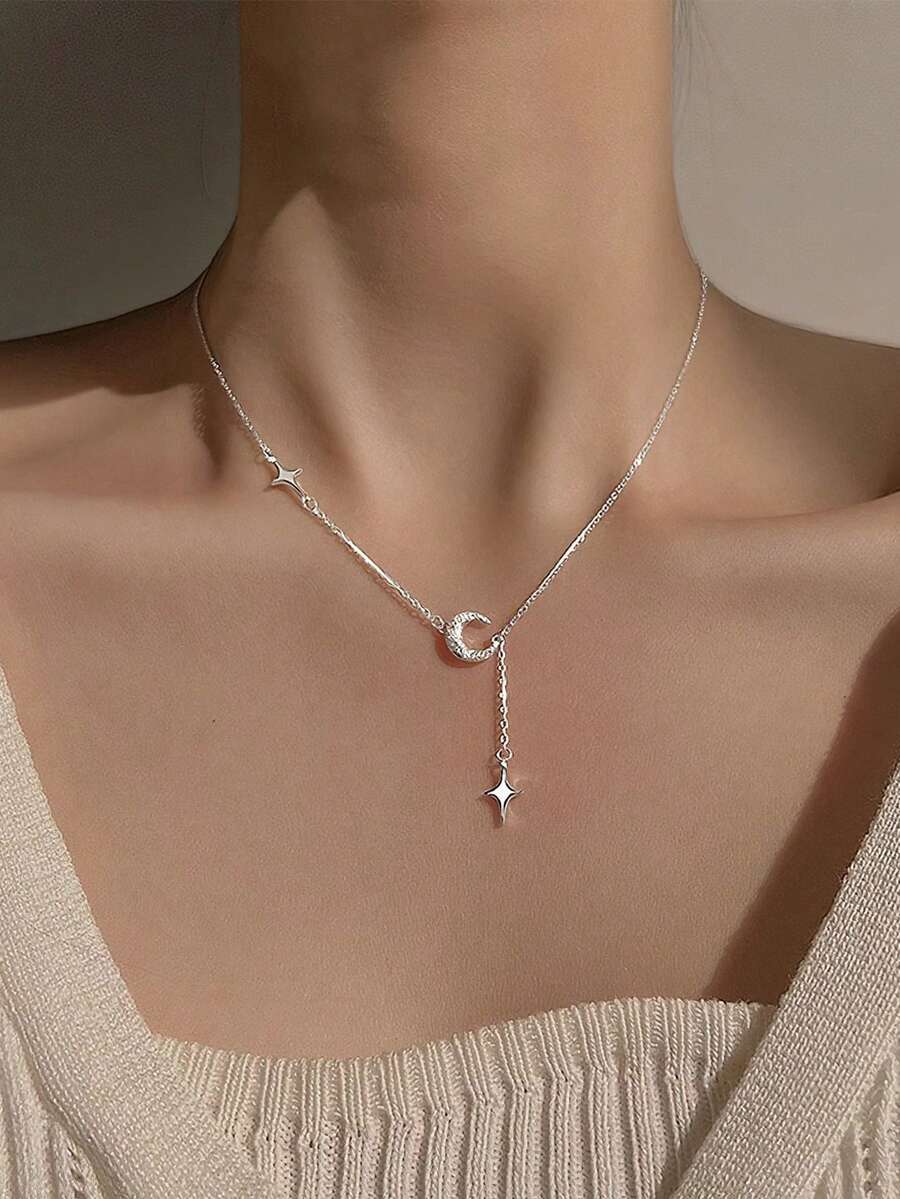 1pc S925 Sterling Silver Minimalist Fresh Elegant Star Tassel Necklace, Women's Daily Commute Versatile Exquisite Star Moon Choker Necklace, Holiday Gift - Stars and Moon - View 1