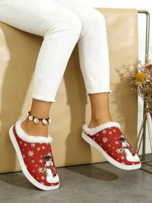 Women's Winter Snowman Print Fluffy Lined Slippers, Non-Slip Indoor Home Shoes For Christmas.Unisex Fuzzy Slippers Plush Soft Memory Foam Home Slippers For Bedroom Comfort - 紅色 - 查看 3