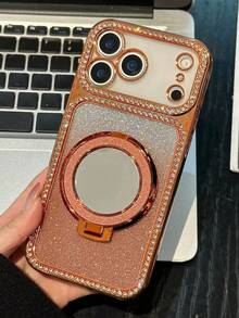 Luxury Rhinestone Bling Gradient Glitter TPU Makeup Mirror Holder Shockproof Phone Case Compatible WIth IPhone 17 Pro Max 17 Pro 17 16 Pro Max 16 Pro 16 15 Pro Max 15 Pro 14 Pro 14Plus 13 Pro Max 13 Pro 16 15 14 13 Plating Bumper Cover - Black - View 3