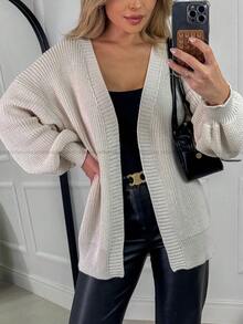 Women's Knitted Cardigan With Puff Sleeves, Elegant, Casual, Off-White - Off - View 1