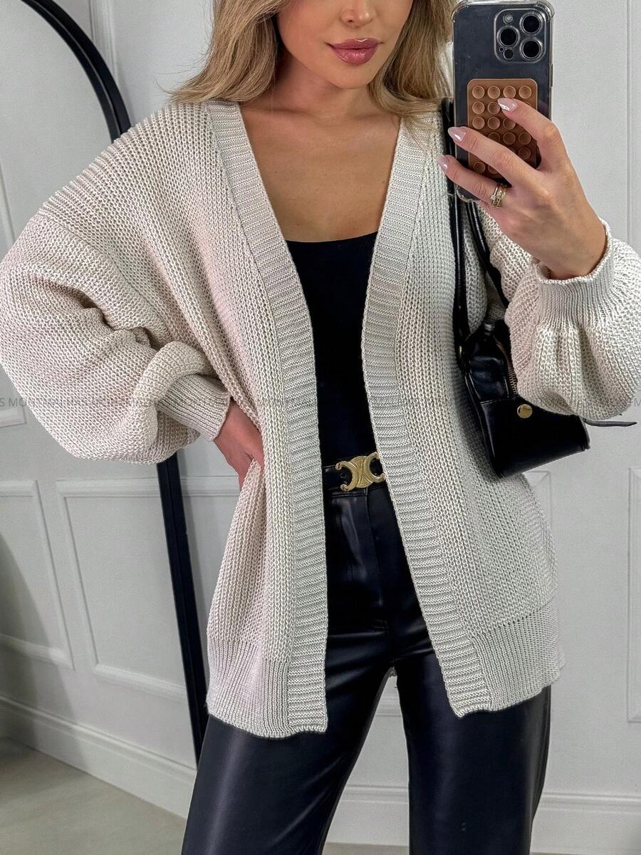 Women's Knitted Cardigan With Puff Sleeves, Elegant, Casual, Off-White - Off - View 1