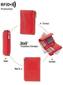 MIYIN Stylish Patchwork Designshort Wallet RFID Blocking Soft Leather Wallet With Card Slot & Zippered Pocket,Retro Portable Three-Fold Design Magnetic Buckle Wallet Business Casual Women's Wallet For Daily Outings Shopping For Women Wallet Purse Wallet Small Wallet Anti-Theft Wallet, Gifts Essentials Items For Women - Red - View 8