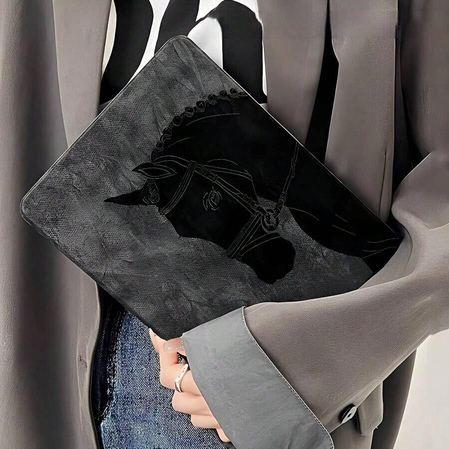 Gray Tri-Fold Flip Case With Black Horse Head Pattern. For IPad Mini 6/9.7/10.2/10.5/Air 4/Air 5/10th/10.9/Pro 11-Inch/Air 11(M2)/Pro 11(M4) (2024) And Galaxy Tab S6LITE 10.4/A7 LITE/A8/A9+/S7/S8/S9/S9FE/S10/S7+ 12.4/S8+ 12.4/S9+ 12.4/S9FE+ 12.4. Transparent Bottom Case, TPU Material, Tri-Fold Flip Leather Case With A Standable Pen Slot. - Multicolor - View 1