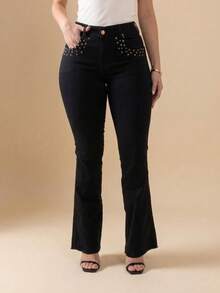 pthirillo Women's Black Flare Jeans With High-Waisted Butt-Lifting Effect And Rhinestone Detail. - 口袋裡的釘子 - 查看 9