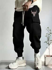 Men's Casual Fashionable Outdoor Drawstring Waist Cargo Pants, Autumn/Winter - Black - View 1