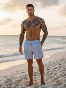 Men's Premium Linen Shorts With Drawstring, Cool And Comfortable Fabric, Perfect For Everyday Wear, Leisure, Summer, New Year's Eve, And Holidays. - 藍條紋 - 查看 5