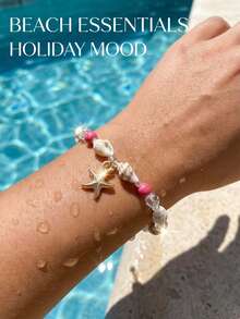 1件海星、贝壳、珍珠串珠手链，波西米亚风沙滩饰品，海星吊坠，贝壳，夏季配饰 - 粉色 - 查看 1