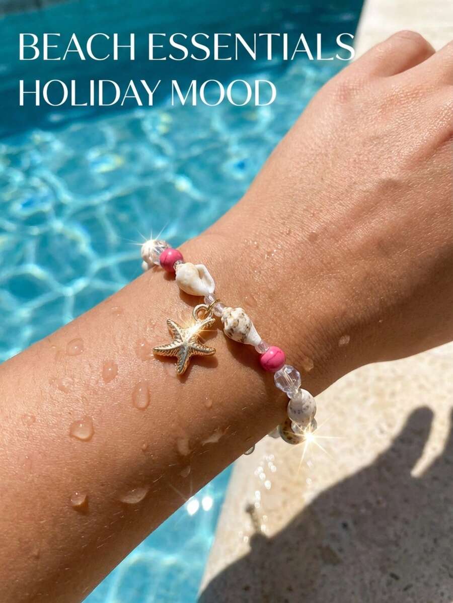 1件海星、贝壳、珍珠串珠手链，波西米亚风沙滩饰品，海星吊坠，贝壳，夏季配饰 - 粉色 - 查看 1