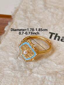 1 pieza Anillo abierto de diseño hueco con perla falsa esmaltada, material de cobre vintage francés elegante y lujoso, adecuado para uso diario, ir al trabajo, vacaciones y fiestas de mujeres - Amarillo Oro - Ver 4