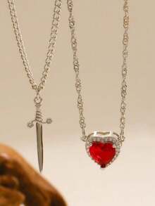 一套两件情人节红色锆石心形吊坠项链，锁骨链，情人节礼物 - 愛心項鍊套裝 - 查看 3