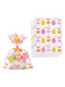 10pcs Easter Bunny & Egg Pattern Gift Bags, Made Of Transparent Material, Printed With Bunny And Egg Patterns, And Comes With Ribbons. These Flat Bags With Bunny And Egg Patterns Are Suitable For Easter, Birthday Parties, And Spring-Themed Parties. - Multicolor - View 7