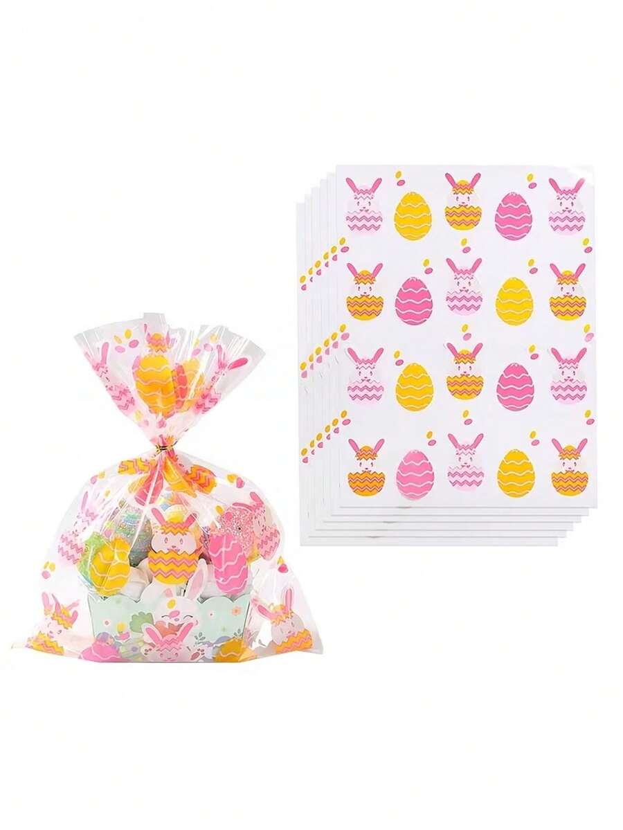 10pcs Easter Bunny & Egg Pattern Gift Bags, Made Of Transparent Material, Printed With Bunny And Egg Patterns, And Comes With Ribbons. These Flat Bags With Bunny And Egg Patterns Are Suitable For Easter, Birthday Parties, And Spring-Themed Parties.
