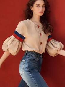 Camisa de mujer Nueva camisa femenina de manga farol color albaricoque, diseño francés único y moderno, muy bonita y juvenil - Albaricoque - Ver 4