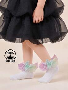 1 Pair Cotton Children's Lace Trim Short Socks, Fluffy Lace Mesh Girls' Lace Trim Socks, Cute Princess Dance Socks - White - View 9