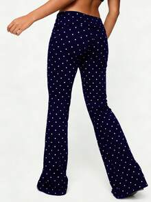 Women's Spring Summer Flared Pants Low Waist Dot Print Loose  Wide Leg Trousers - Deep Blue - View 6