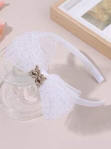 1件白色网纱蝴蝶结发箍，适合女孩，金色水钻蝴蝶结发圈，闪亮亮片蝴蝶结发带，甜美公主风蝴蝶结发箍，青少年发饰 - 白色 - 查看 3