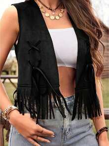 Women Vest, Sleeveless Open Front Tasseled Solid Outwear Gilet For Casual Street - 黑色 - 查看 1