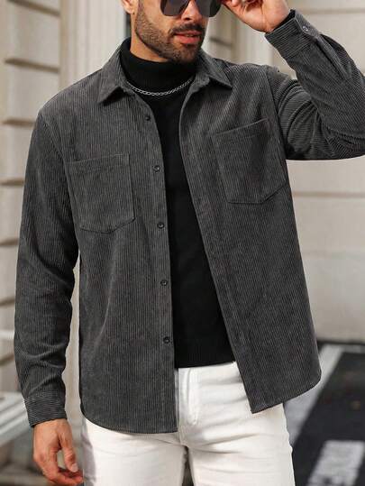 Plusstorlekar herrmanchesterjacka, moderiktig populär manchesterjacka för män, casual jacka, slagkrage, knäppning, långärmad, dubbla fickor, lämplig för vardagsbruk, mode, enkel, pendling, gatustil, vår och höst, toppval för presenter till män!
