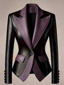 Fashionable Contrast Color Lapel Waist Cinched PU Leather Jacket, Stylish Outerwear - Purple - View 6