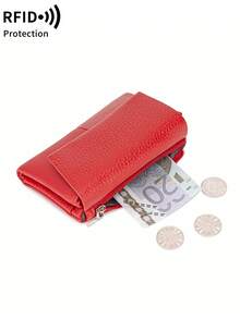 MIYIN Stylish Patchwork Designshort Wallet RFID Blocking Soft Leather Wallet With Card Slot & Zippered Pocket,Retro Portable Three-Fold Design Magnetic Buckle Wallet Business Casual Women's Wallet For Daily Outings Shopping For Women Wallet Purse Wallet Small Wallet Anti-Theft Wallet, Gifts Essentials Items For Women - Red - View 9