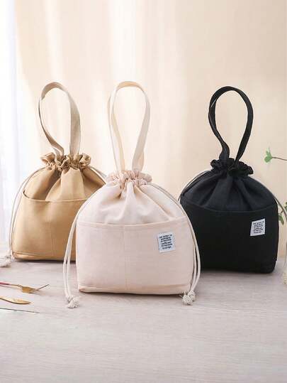1pc Canvas Bento Bag, Simple Design, Student Office Worker, Hand-Held Drawstring, Aluminum Foil Insulated Bag, Lunch Box Bag