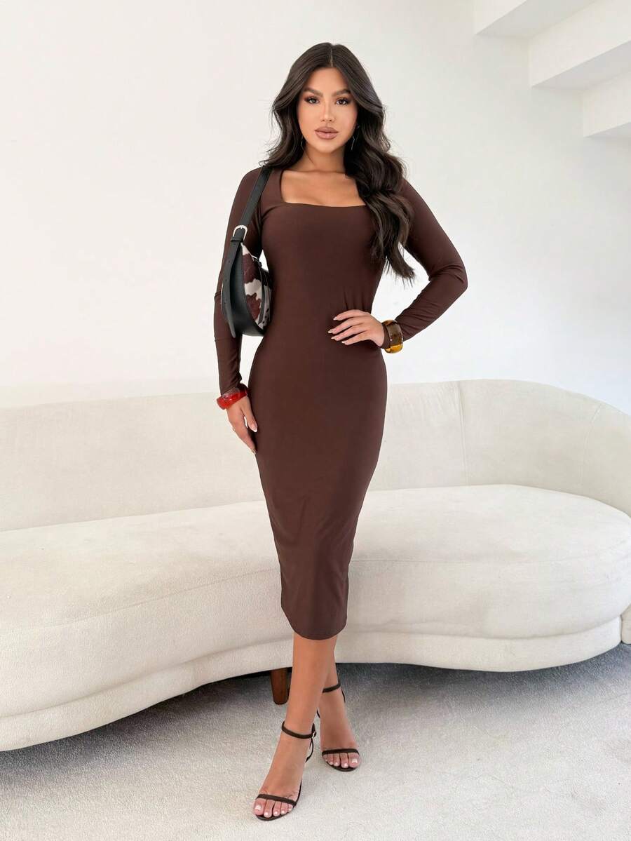 Women's Midi Dress With Long Sleeves And Square Neckline - Elegant Fashion - Premium Fabric - Stylish - Casual - Party - Sensual - Night - Fabric - Fits Well At The Waist - Night - Elegant And Casual - Birthday Party - Dating - Travel - Photoshoot - 咖啡棕色 - 查看 1