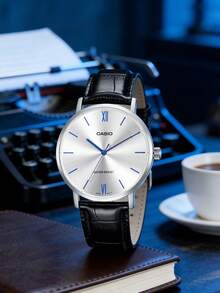 Casio Men's Minimalist Silver Dial Black Leather Strap Analog Watch MTP-VT01L-7B1