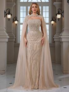 Beaded, Sequin Embroidered Lace Shawl With Tie Back, Elegant & Sexy Evening Dress/Suitable For Cocktail Party, Gathering, Wedding - Champagne - View 2