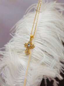 1 Piece Of Gold-Plated Cross Pendant Necklace Zirconia Cross Necklace Women's Gold Cross Necklace - Handmade Exquisite Faith Pendant Necklace, Valentine's Day Gift Anti-Allergy Jewelry Gift - One Size - View 3