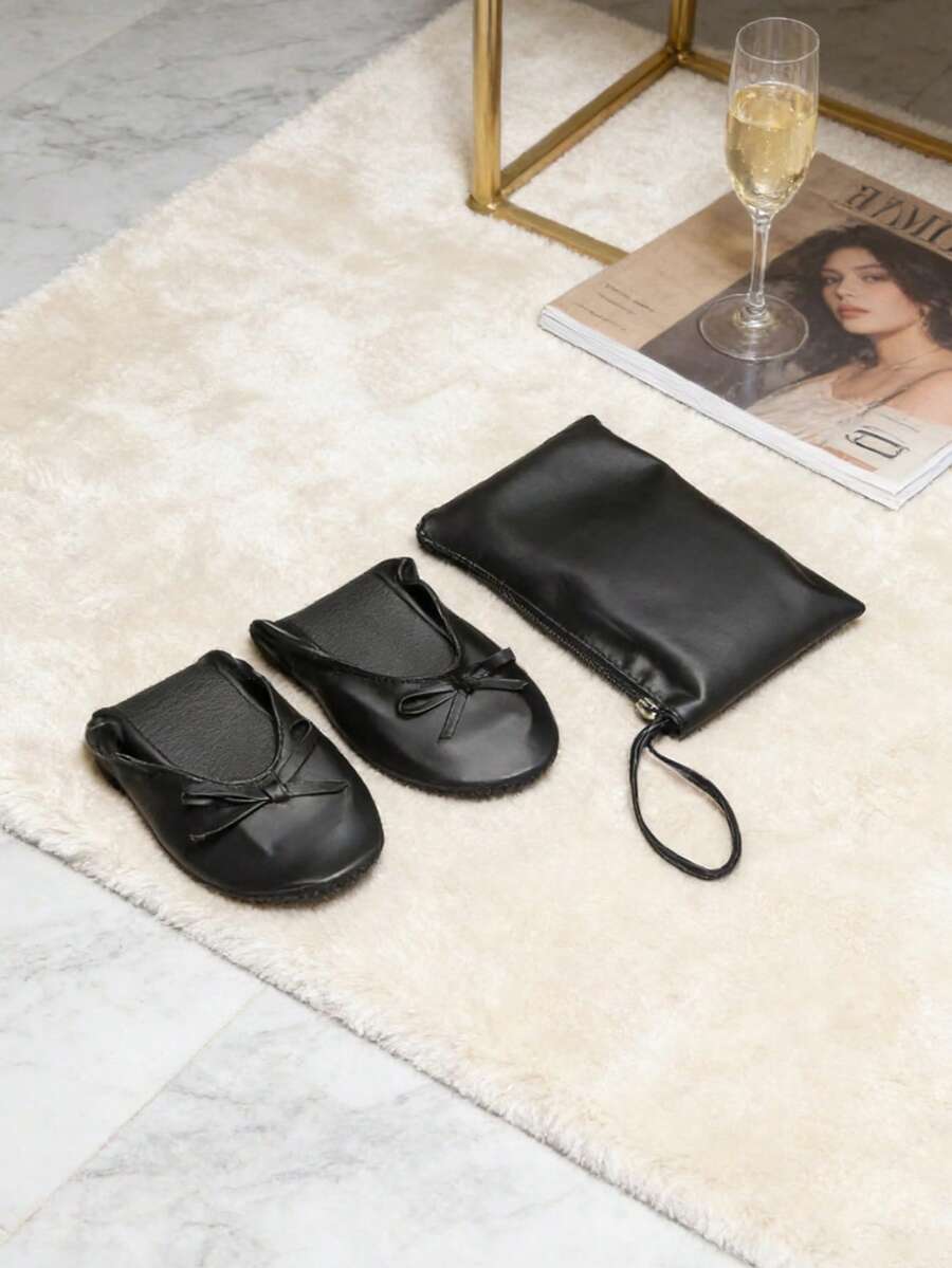 Women's Fashionable Black Foldable Dance Shoes, Soft & Comfortable, Bow Decor, With Shoe Bag, Portable Ballet Flats Suitable For Dancing And Casual Daily Wear