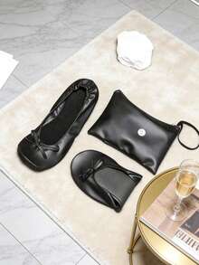 Women's Fashionable Black Foldable Dance Shoes, Soft & Comfortable, Bow Decor, With Shoe Bag, Portable Ballet Flats Suitable For Dancing And Casual Daily Wear - Black - View 4