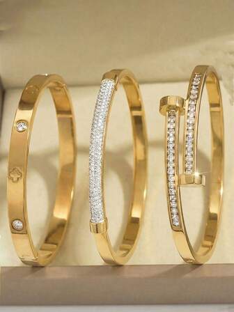 3 Sets/1 Set 18K Gold Plated Stainless Steel Four-Leaf Clover Nail Bracelet, Suitable For Women's Party, Daily Wear, European And American Style, Personalized, Generous, Luxurious Cubic Zirconia Wristband, Wedding Jewelry Set, Gift For Girls, Ladies, Relatives, Friends, Beautiful Wedding, Birthday, Valentine's Day, 18K Gold Plated Stainless Steel Floral Bracelet, Suitable For Women's Daily Wear, Classic Floral And Roman Numeral Rivet Design, Waterproof, European And American Style, Casual, Wedding, Party