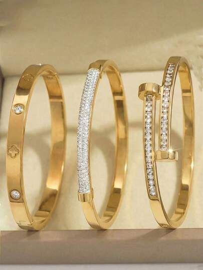 3 Sets/1 Set 18K Gold Plated Stainless Steel Four-Leaf Clover Nail Bracelet, Suitable For Women's Party, Daily Wear, European And American Style, Personalized, Generous, Luxurious Cubic Zirconia Wristband, Wedding Jewelry Set, Gift For Girls, Ladies, Relatives, Friends, Beautiful Wedding, Birthday, Valentine's Day, 18K Gold Plated Stainless Steel Floral Bracelet, Suitable For Women's Daily Wear, Classic Floral And Roman Numeral Rivet Design, Waterproof, European And American Style, Casual, Wedding, Party