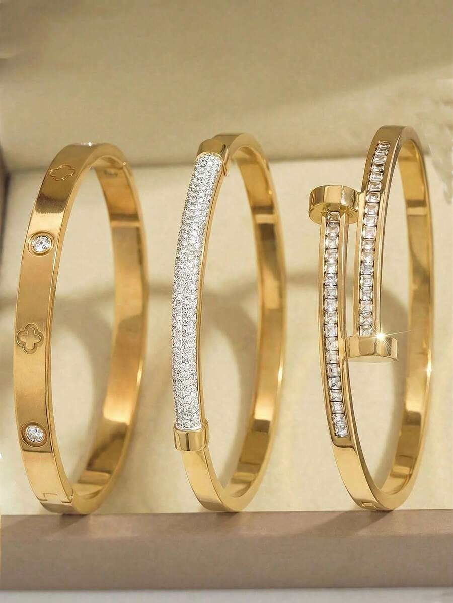 3 Sets/1 Set 18K Gold Plated Stainless Steel Four-Leaf Clover Nail Bracelet, Suitable For Women's Party, Daily Wear, European And American Style, Personalized, Generous, Luxurious Cubic Zirconia Wristband, Wedding Jewelry Set, Gift For Girls, Ladies, Relatives, Friends, Beautiful Wedding, Birthday, Valentine's Day, 18K Gold Plated Stainless Steel Floral Bracelet, Suitable For Women's Daily Wear, Classic Floral And Roman Numeral Rivet Design, Waterproof, European And American Style, Casual, Wedding, Party - Yellow Gold - View 1