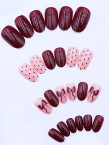 Bộ 24 móng giả hình hạnh nhân, bóng, màu đỏ tía, họa tiết nơ và chấm bi, phù hợp cho phụ nữ và bé gái, lý tưởng để trang trí móng tay trong dịp năm mới, Lễ tình nhân và các dịp quan trọng khác. - Màu Đỏ Sâu - Xem 4