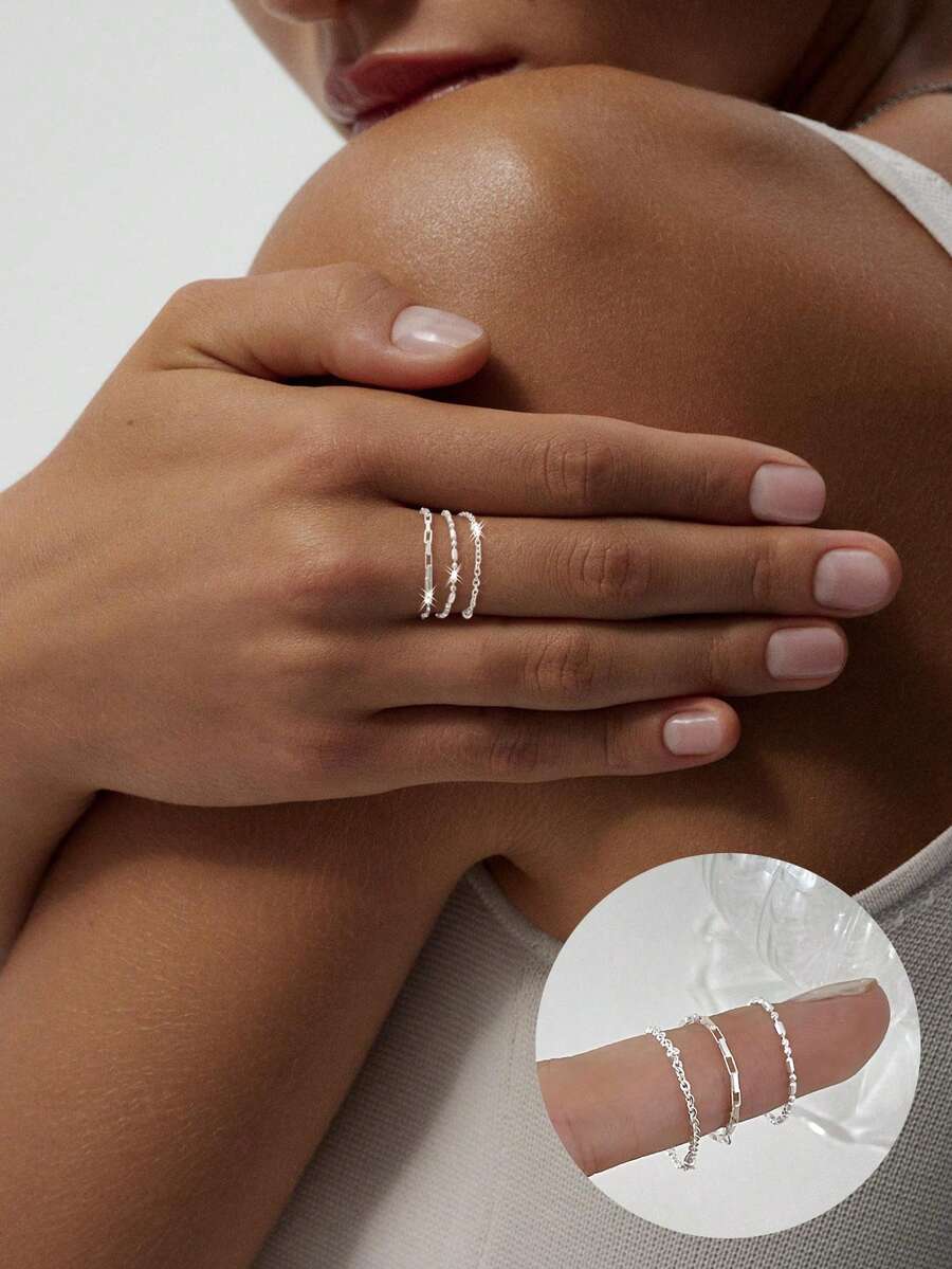 925 Sterling Silver Ultra-Thin Soft Chain Ring - Petite Minimalist Design, Stackable & Versatile, Women's Ring - Silver - View 1