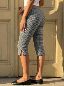 Women's Casual High Stretch Plaid Low Waist Slit Skinny Cropped Pants, Suitable For Spring/Summer Holiday Outfits - Black and White - View 2