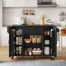 Kitchen Island With Fold-Down Worktop, Rolling Cart, 4-Door And 1-Drawer Kitchen Unit, Integrated Spice Racks In The  , Double-Sided Towel Rail, White, 120 * 45 (70) * 9 - 黑色 - 查看 5