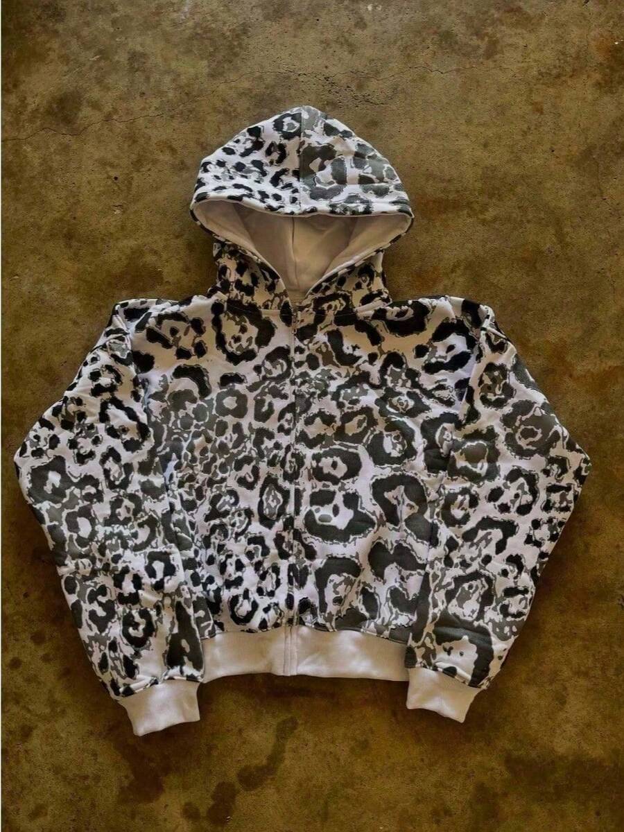 New Autumn And Winter European And American Leopard Print Hooded Cardigan Sweater Loose Casual Fashion Wide-Leg Pants - 灰色 - 查看 1