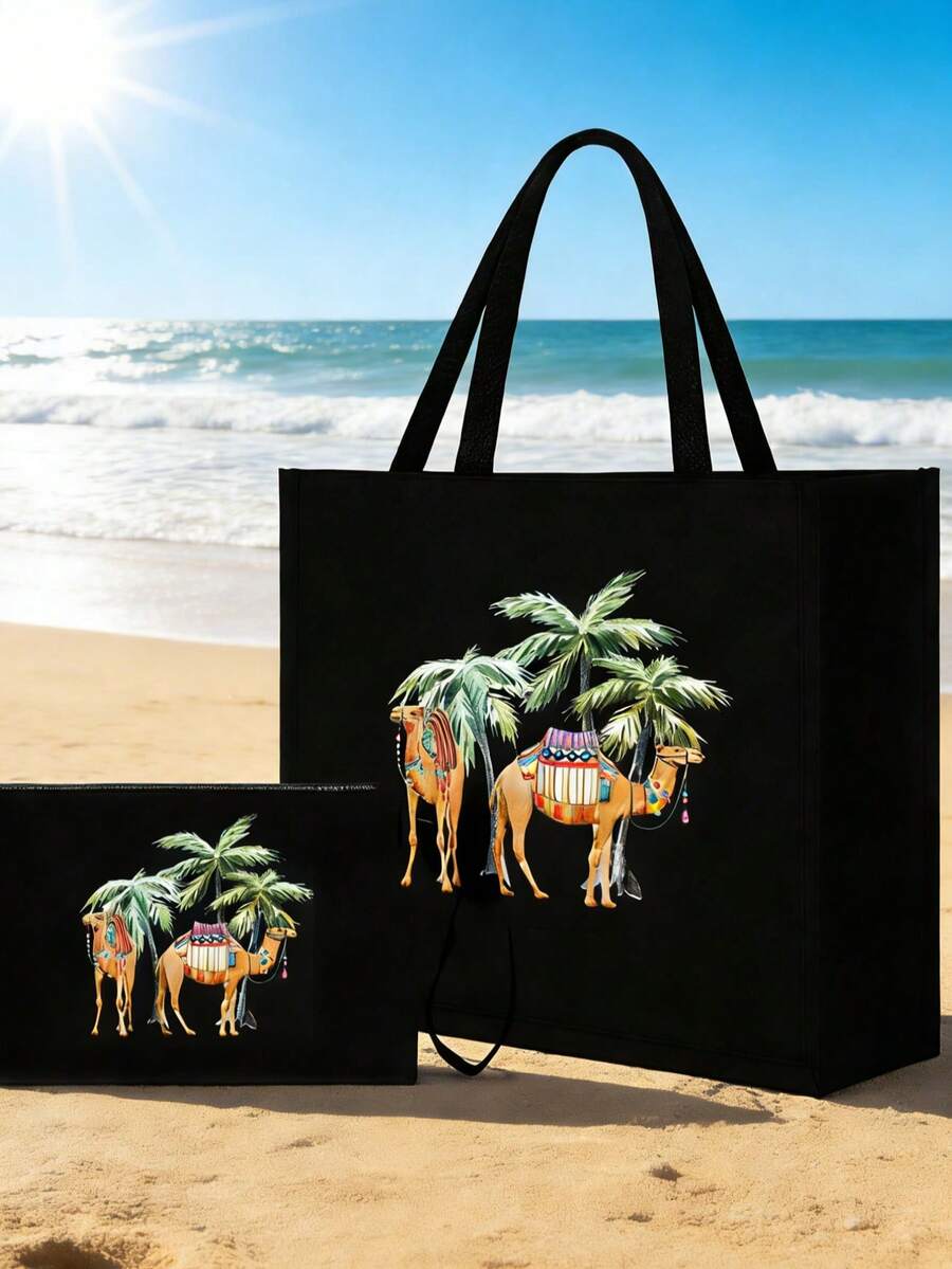 Linen Tote Bag, Including Two Camels And Coconut Tree Pattern Printing Tote Bag And A Printed Small Bag, Letters, Flowers, Personalized Gift Package, Eid Combination Of Small And Large Bags, Family Reunion Devout,Suitable For Weddings, Birthdays, Beaches, Holidays - Multicolor - View 1